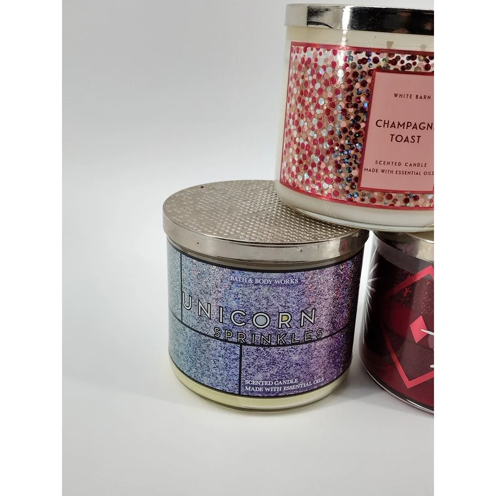 Bath & Body Works 3-Wick Candle Lot Champagne Toast Unicorn Sprinkles Cranberry